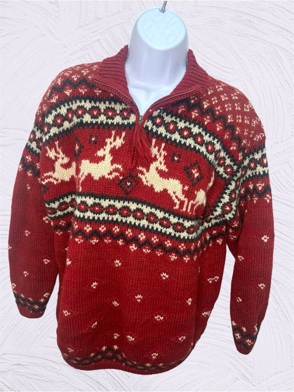 Vintage Lauren Ralph Lauren Red Fair Isle Reindeer Half-Zip Sweater
